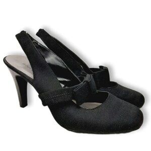 ANN MARINO Slingback Heels Bow Tonal Herringbone Fabric Black Sz 8 M Flawed